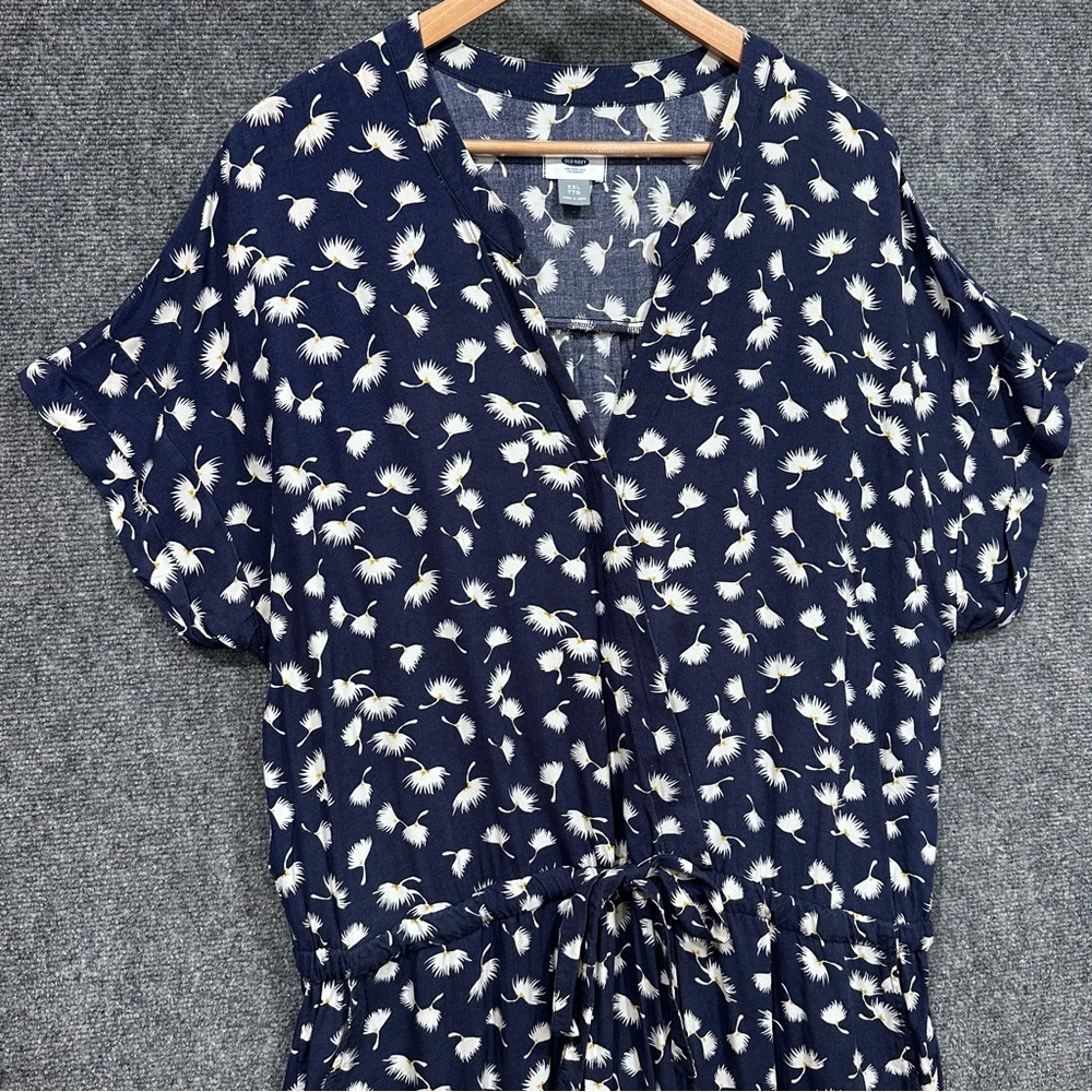 Old Navy jumpsuit XXL navy blue floral pocket tie waist short sleeve snap bodice - Picture 4 of 14